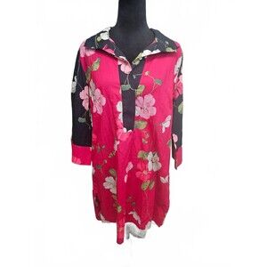 Womens Floral Button-Back Cotton Tunic Top w/Contrast Collar & Sleeves Medium
